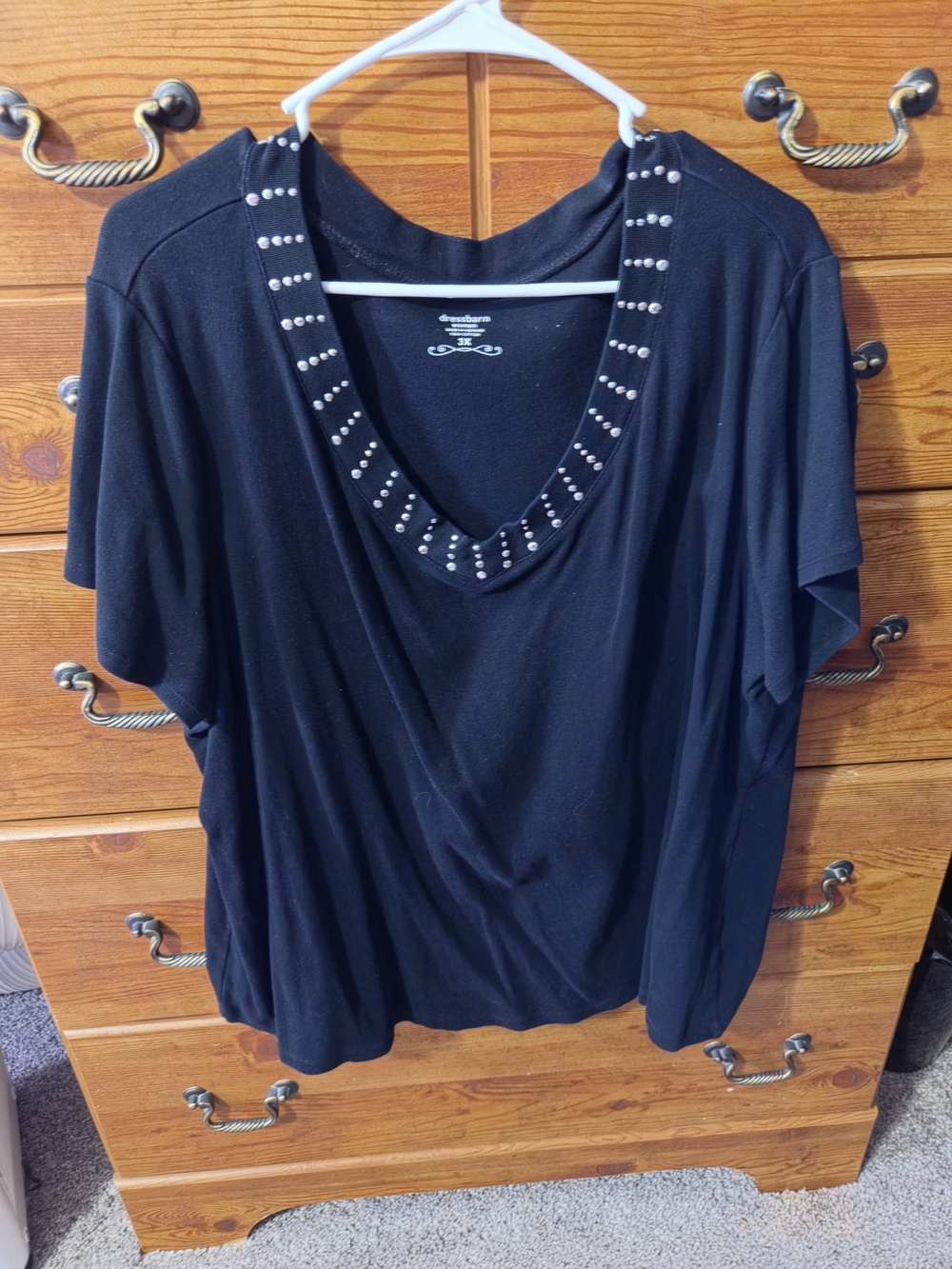 dressbarn Black Short-Sleeve V-Neck Top with Stud Accents